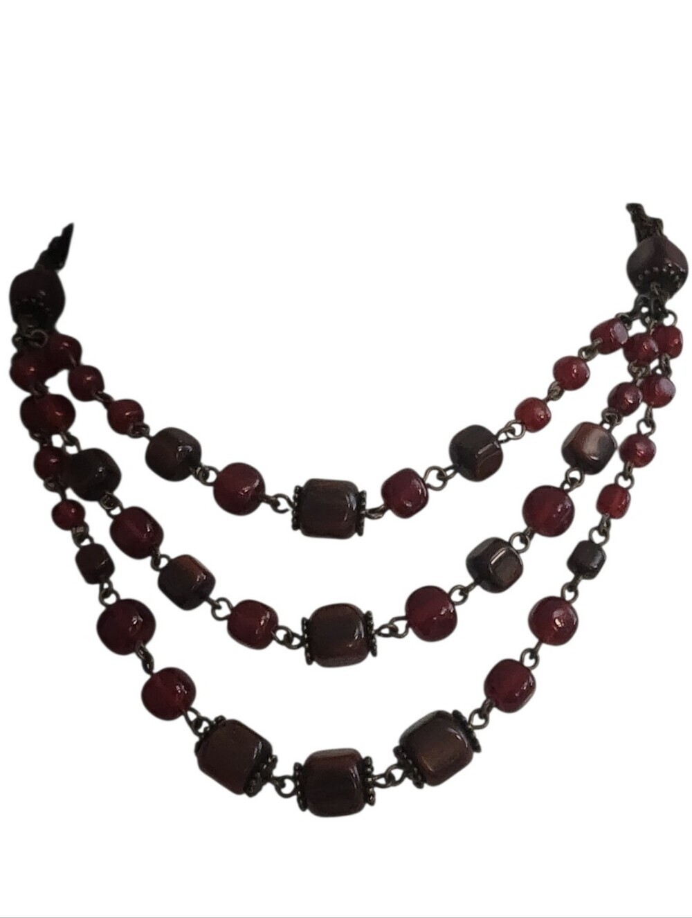 Monet Brass Multi Strand Red Brown Beaded Necklace